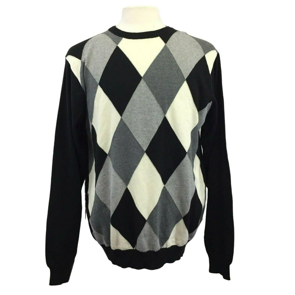 Golden Bear Crewneck L/S Sweater Mens M Black Gray White Pullover Diamonds